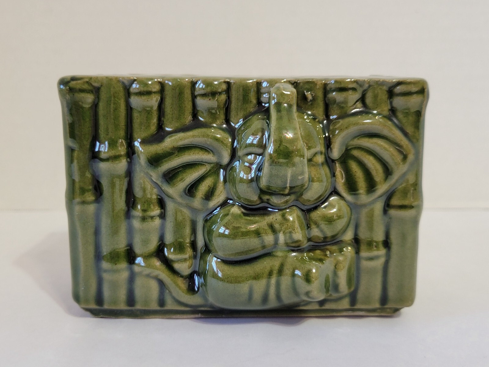 Vintage Green Ceramic Bamboo and Elephant Relief Planter