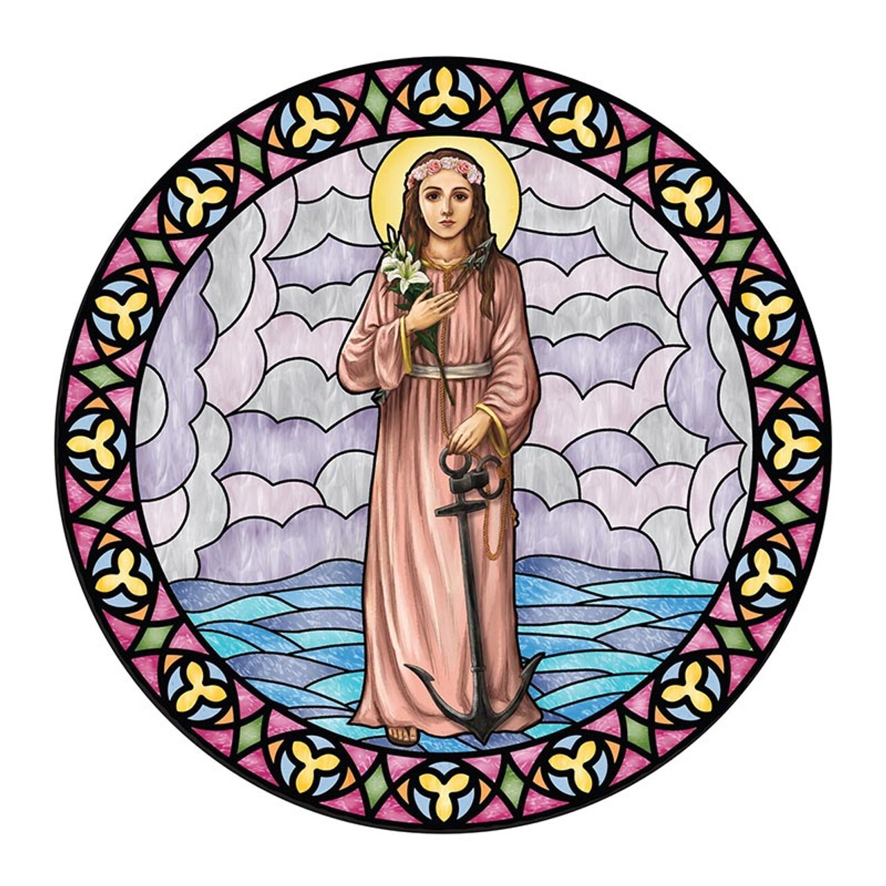 St. Philomena Stained Glass Look Static Decal Vinyl 5 3/4″ dia Catholic