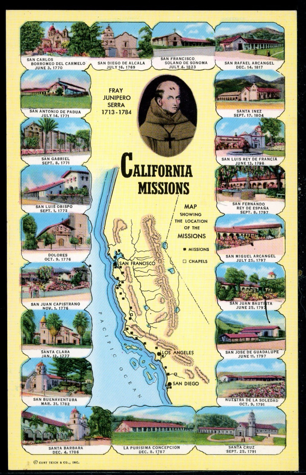1955 California Spanish Missions Locations Map Historic Vintage Postcard A132