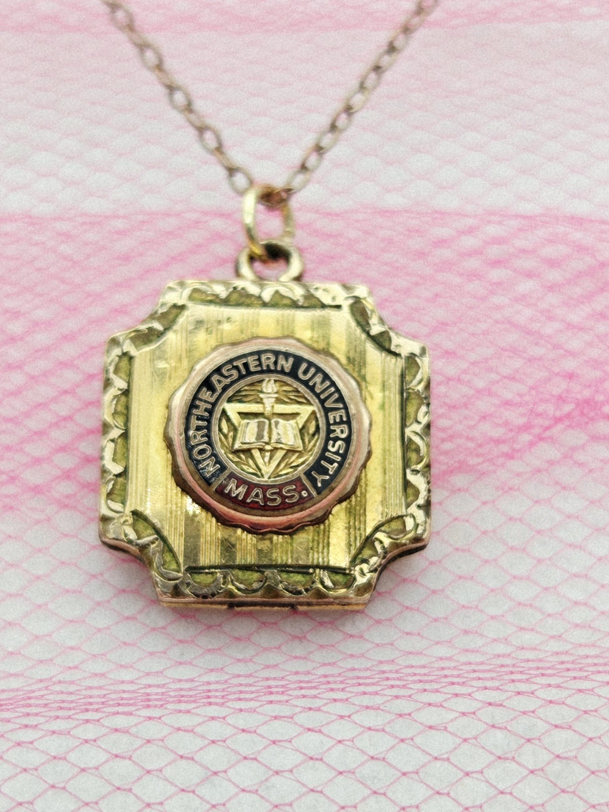 NORTHEASTERN UNIVERSITY Locket GF Gold F Antique Vintage Art Deco Necklace Chain
