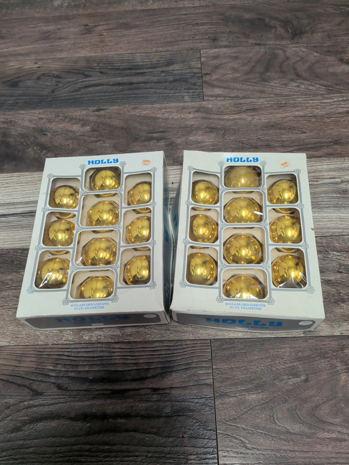 VTG Lot Of Holly Glass Christmas Ornaments Shinny Yellow Gold Box