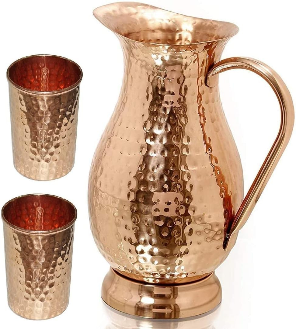 Copper Pitcher with a Lid – Pure Solid Copper Handcrafted Hammered Jug, Capacity