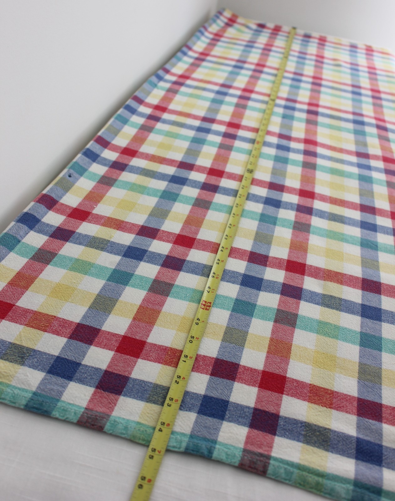 Vtg Primary Plaid Tablecloth 100% Cotton Oval Multicolored Checkered Grid 54×74