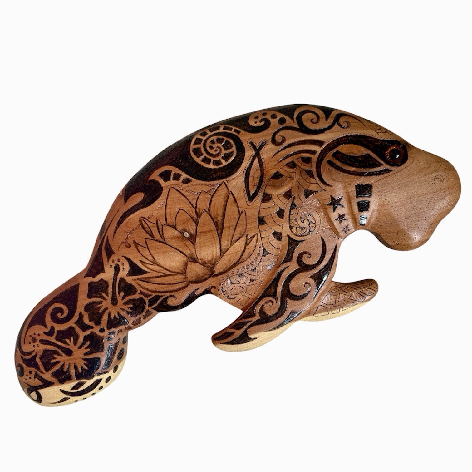 Manatee Sea Cow Figurine Wood Burned Carved Tropical Floral Coastal Wall Hanging
