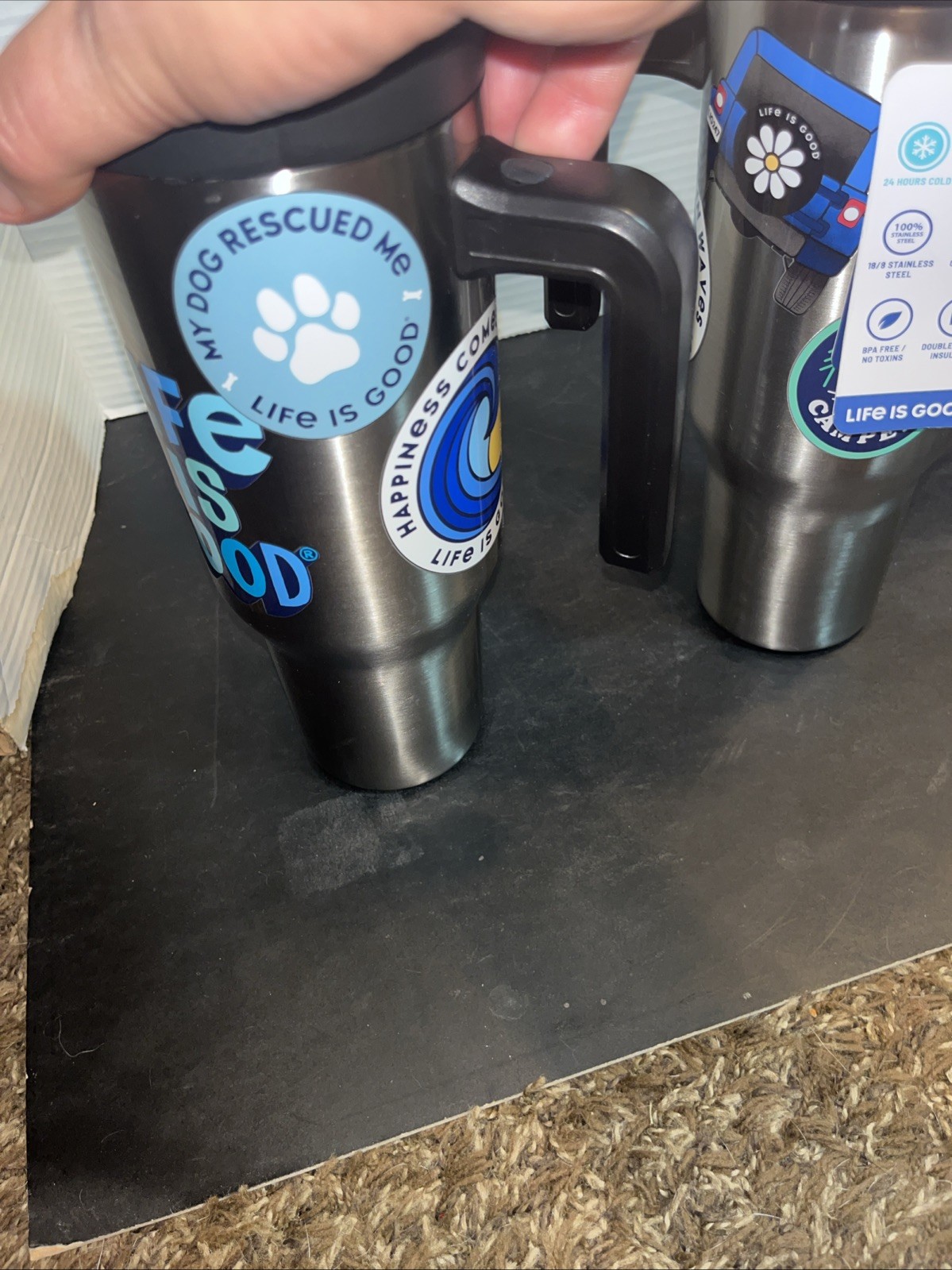 Lot Of 2 Life is Good Stainless Steel w/Handle 40 oz Bumper Sticker Design NEW