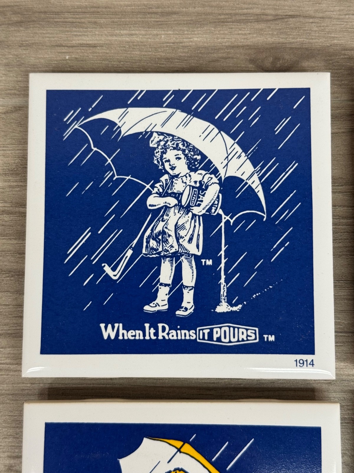 VINTAGE Morton Salt Ceramic Tile Coasters, Trivets When It Rains It Pours Set x4