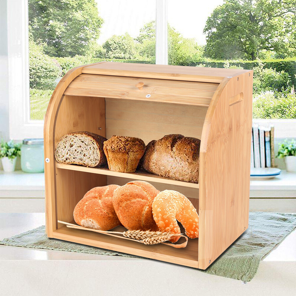 Natural Bamboo Roll Top Bread Box Kitchen for Countertop Food Storage 2-Layer