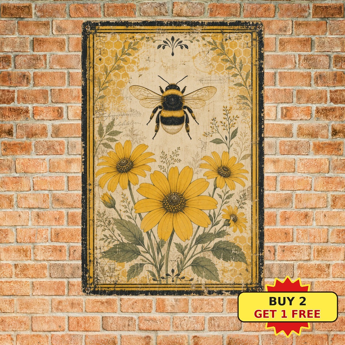 Bee Sunflower Garden Sign Country Farmhouse Summer Floral Metal Tin Plaque Art