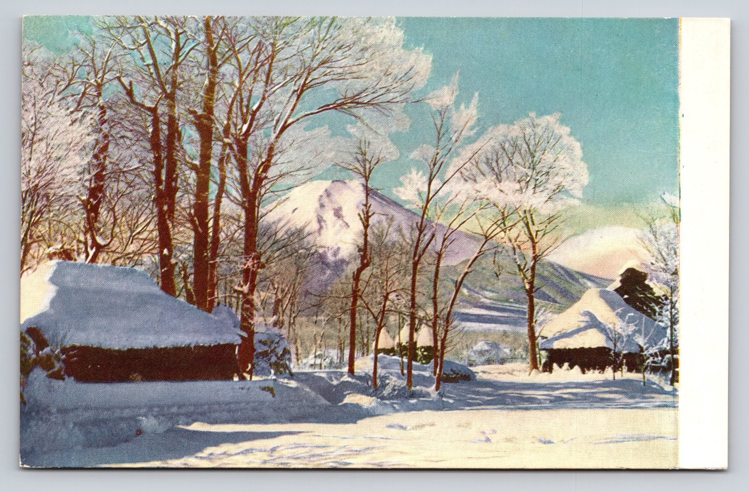 Vintage Japan Photochrome Postcard Snowy Mt. Fuji with Traditional Houses