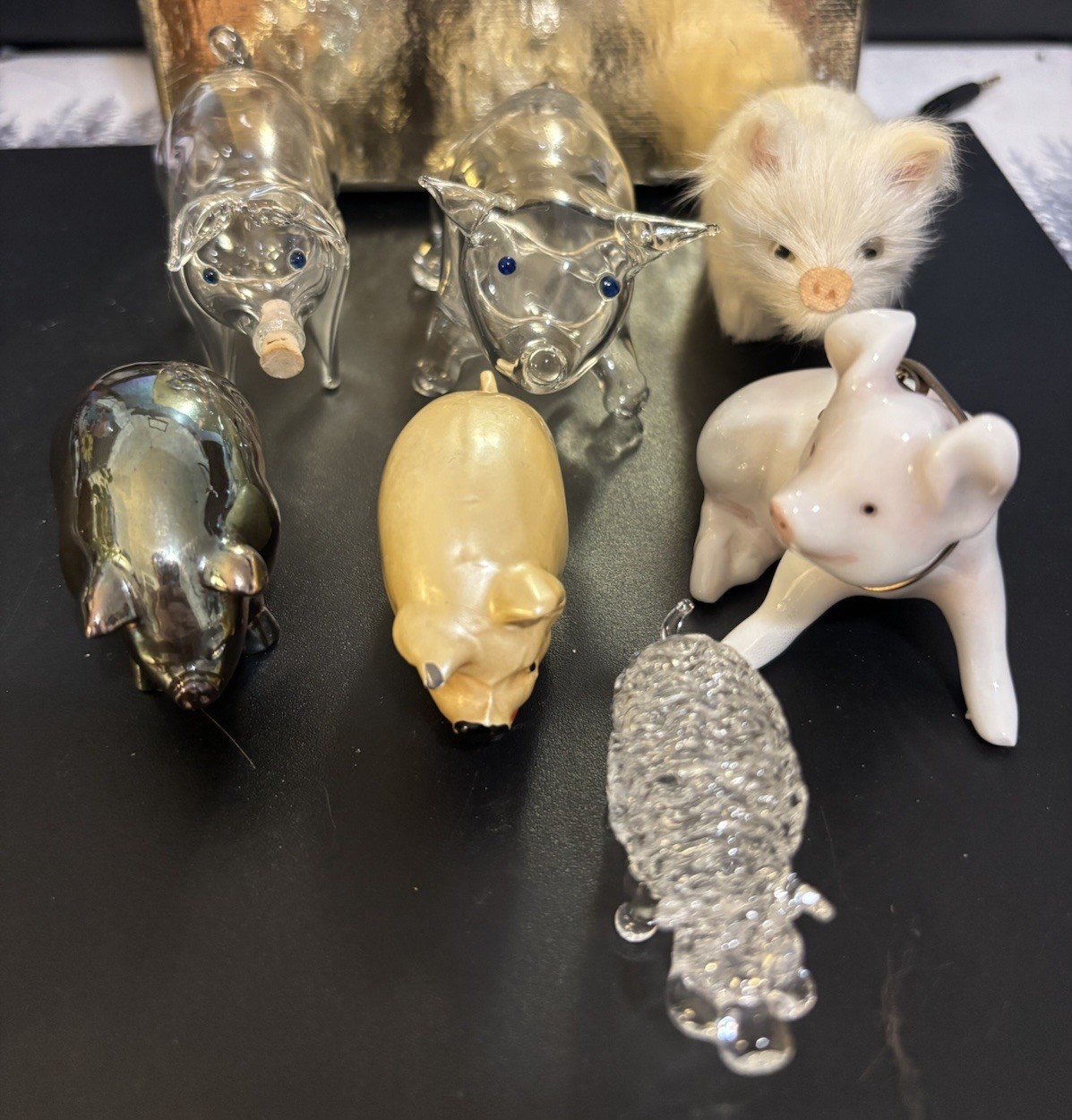 Porcelain, Glass, Sterling Decorative Pig Figurines Set Of 7 1920s Vintage