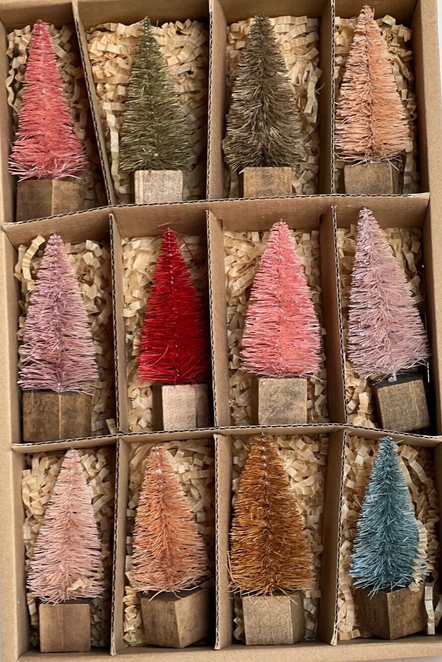 Creative Co-Op Set 12 Bottle Brush Trees Wood Base Green Brown Mauve 3 1/4″ (9)