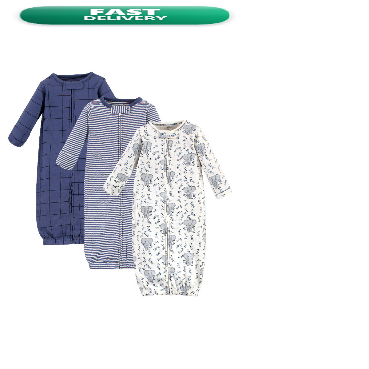 Touched By Nature Baby Organic Cotton Zipper Gowns Elephant 0-6 Months