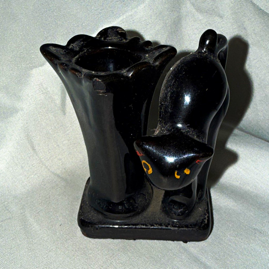 Vintage Shafford Black Cat Figurine w/ Vase Toothpick Holder, Marked Japan