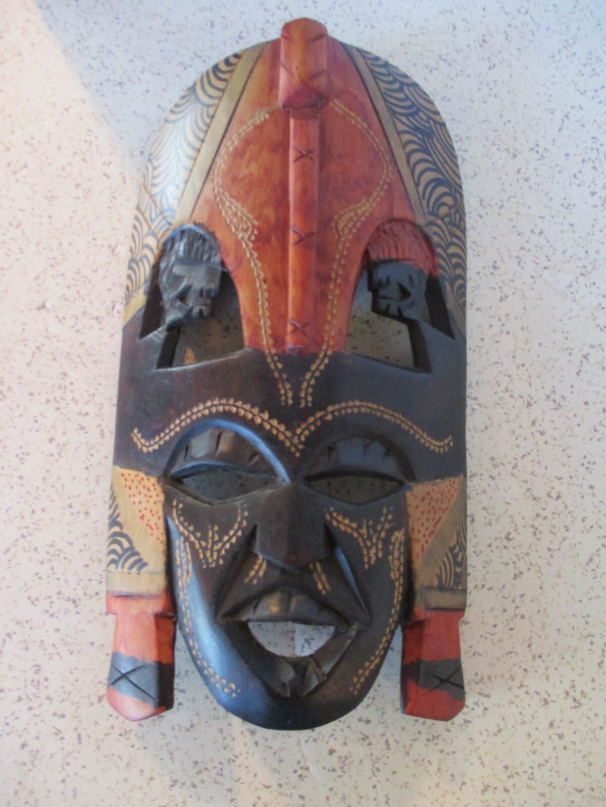 AFRICAN TRIBAL MASK, HAND CARVED & PAINTED WOOD, 11 1/2″ H X 6 1/4″ W X 3/8″ D
