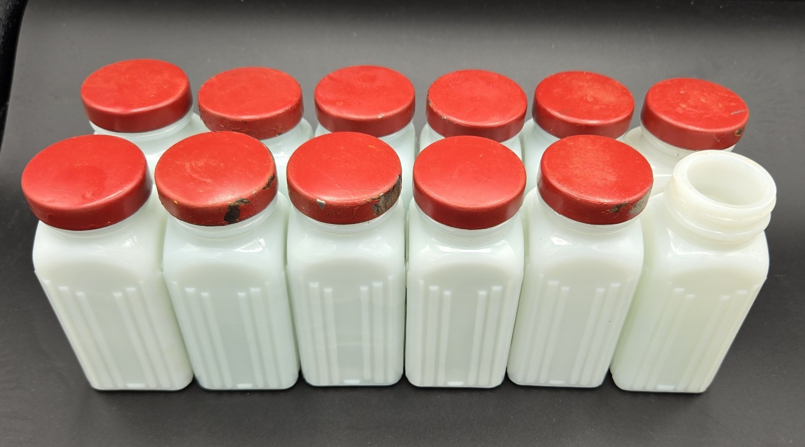 Vintage Griffith’s Milk Glass Spice Jars with Red Lids