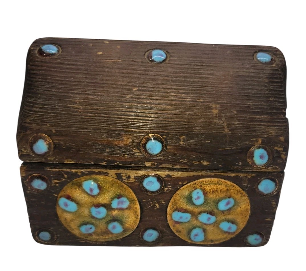 Vintage Handmade Wooden Box With Turquoise Style Inlay Folk Art Jewelry Box