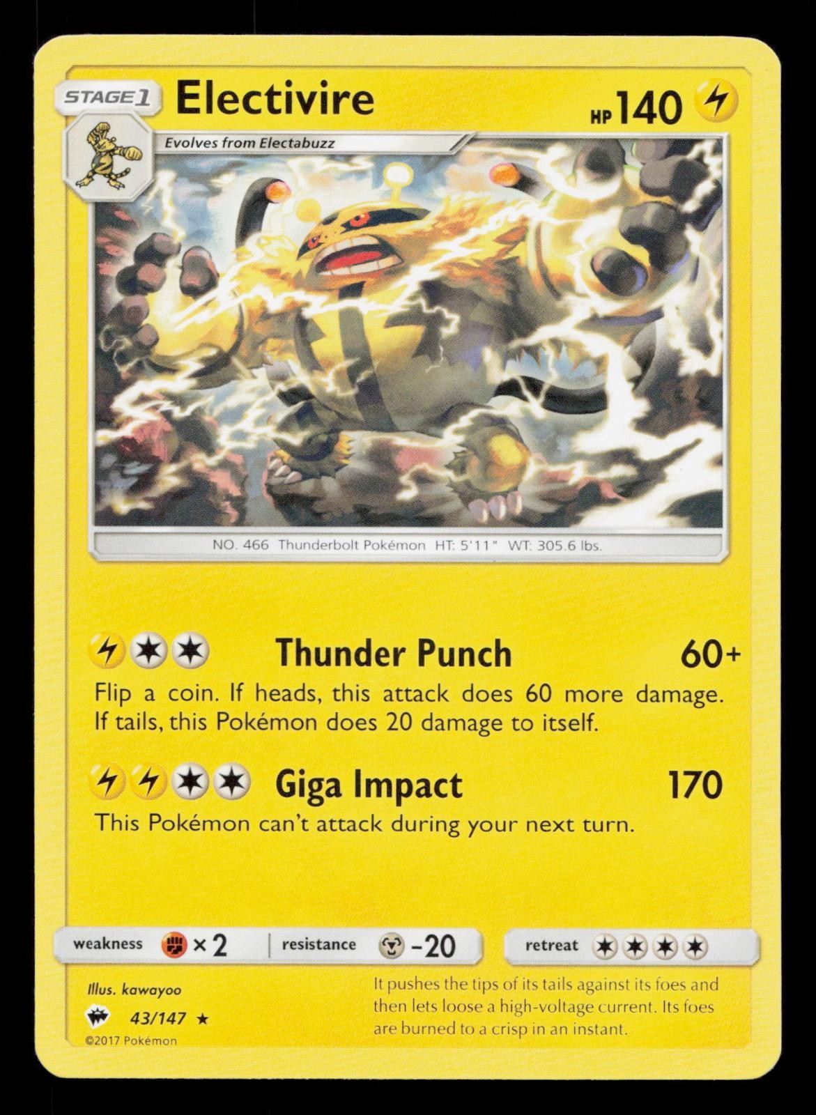 Electivire R Burning Shadows BUS 43/147 Pokemon MP 2017
