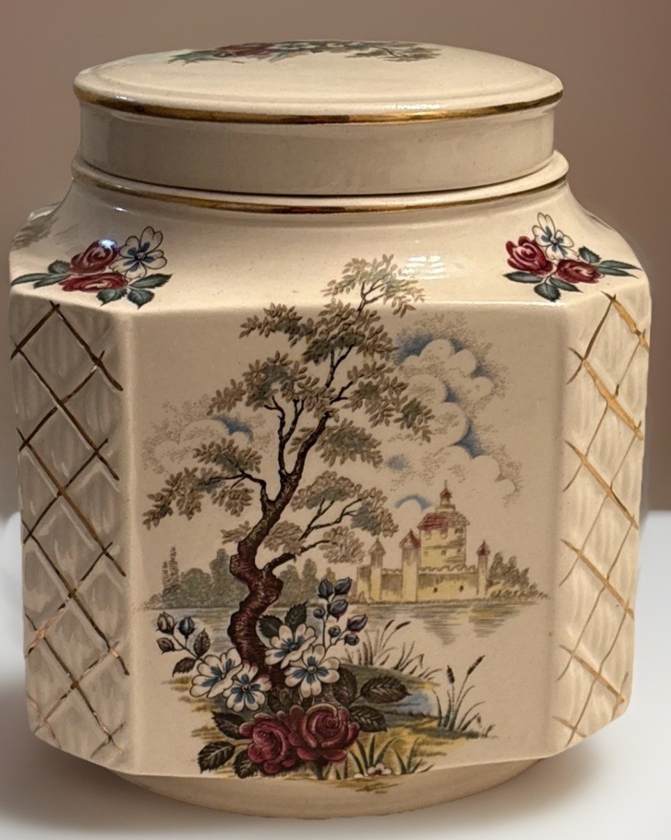 Vintage Sadler England Ginger Jar Tea Caddy Hexagon Gold Trim Trellis Blossoms