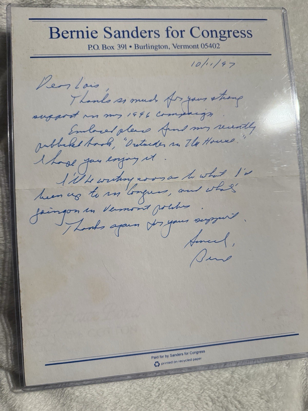Bernie Sanders Signed Handwritten Letter 1997 ALS Congress Autograph Rare