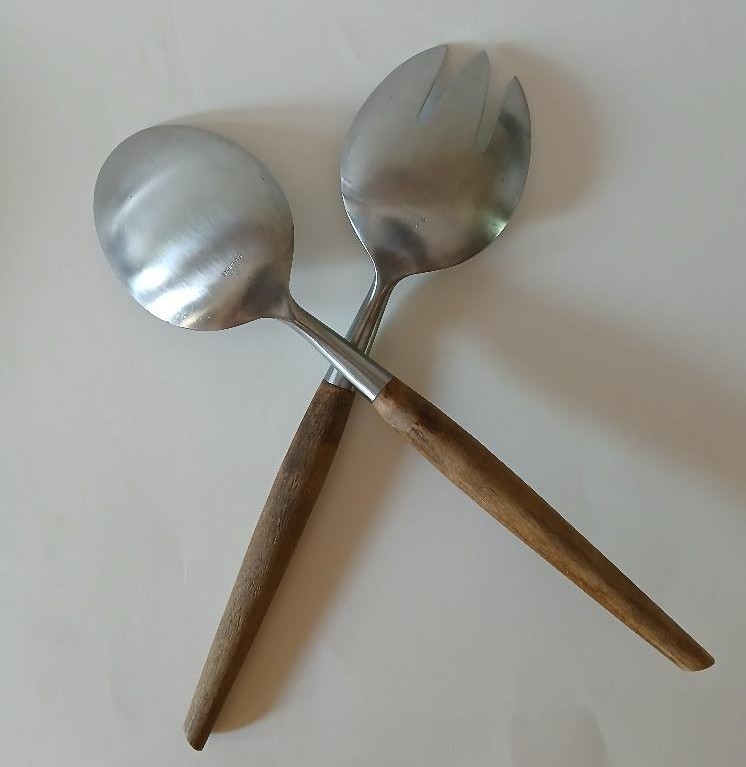 Japanese Teak 12-1/2 inch Stainless Fork &Spoon Salad Servers 2 pc Set FREE SHIP