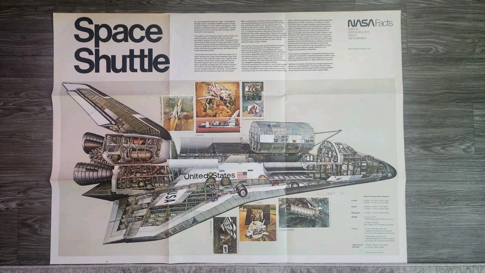 Vintage 1978 NASA Facts Space Shuttle Poster NF-81 Barron Storey Cutaway 42″x30″