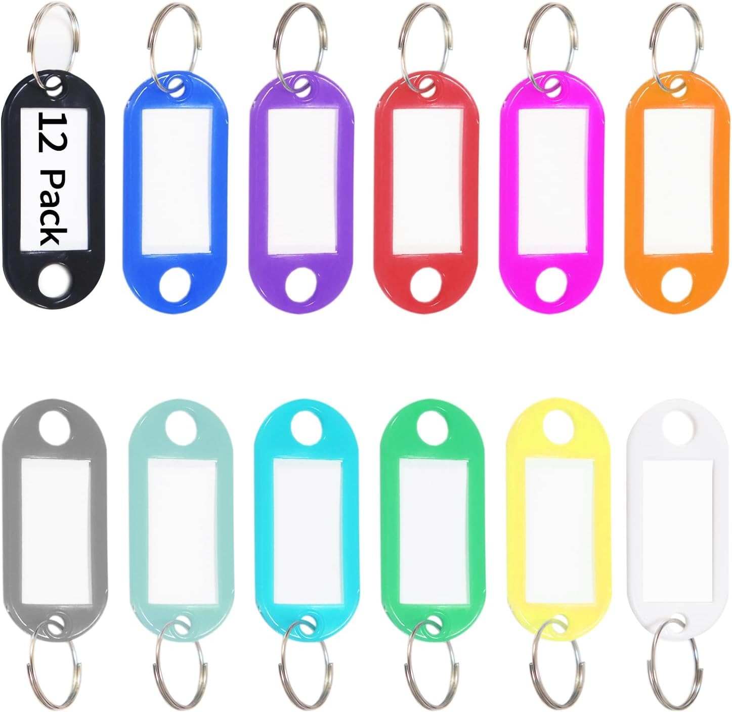 12 Pack Plastic Key Tags with Ring and Label Window, Key Chain 12 – Colors