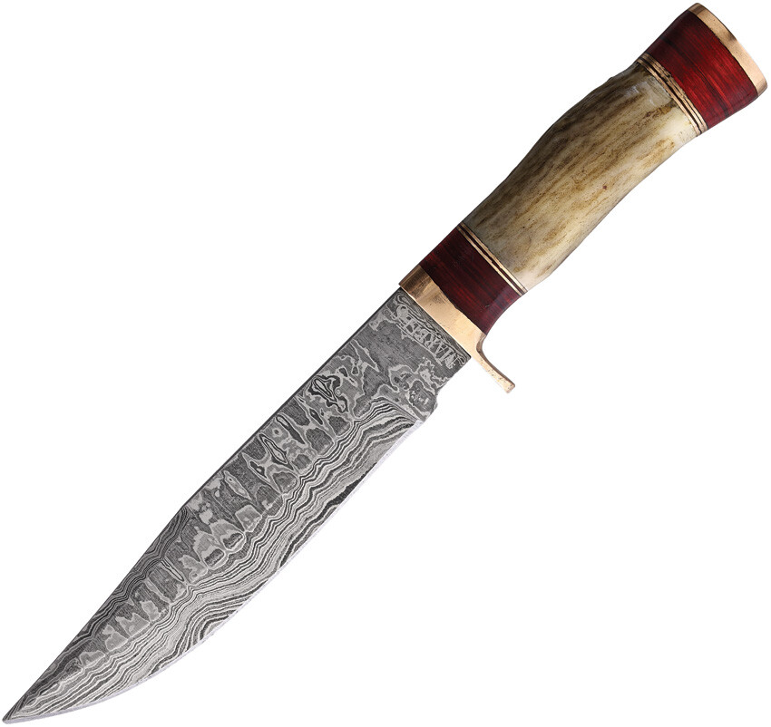 Marbles Fixed Blade Skinner Knife Stag Bone/Red Pakkawood Damascus w/ Sheath