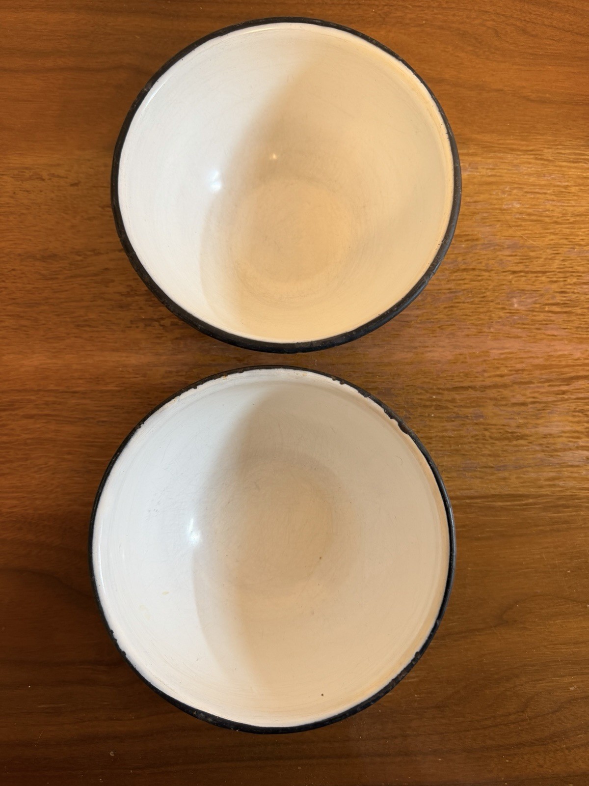 Vintage White Enamelware Bowls With Black Edges, Quantity 2