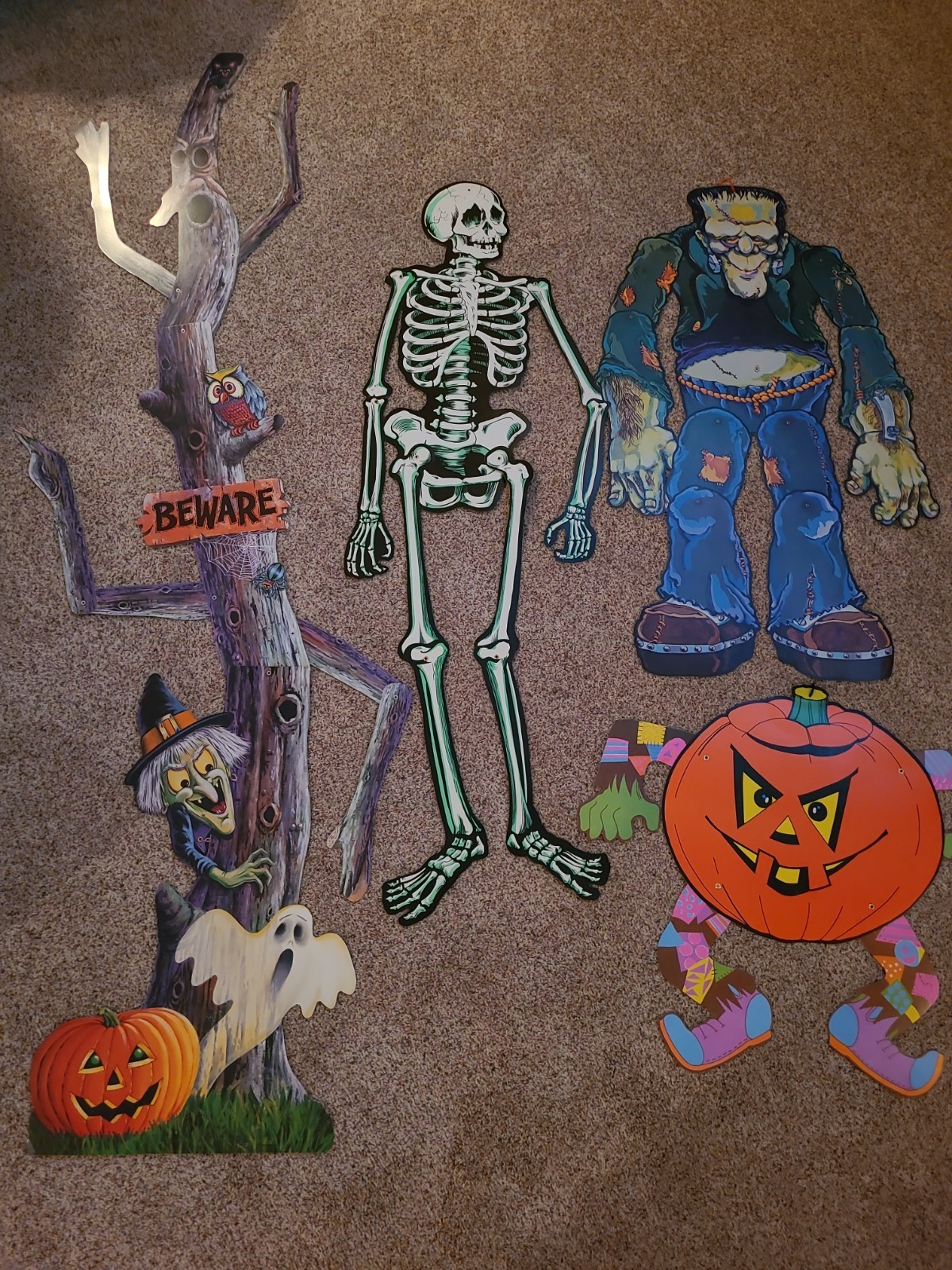 4 Vintage Halloween Die Cut Decorations Jointed skeleton, Witch, Frankenstein
