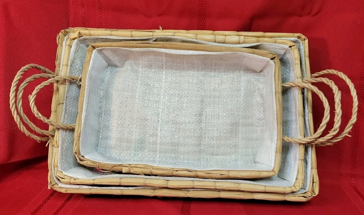 Three Vintage Woven Rectangle Baskets With Raffia Fruit