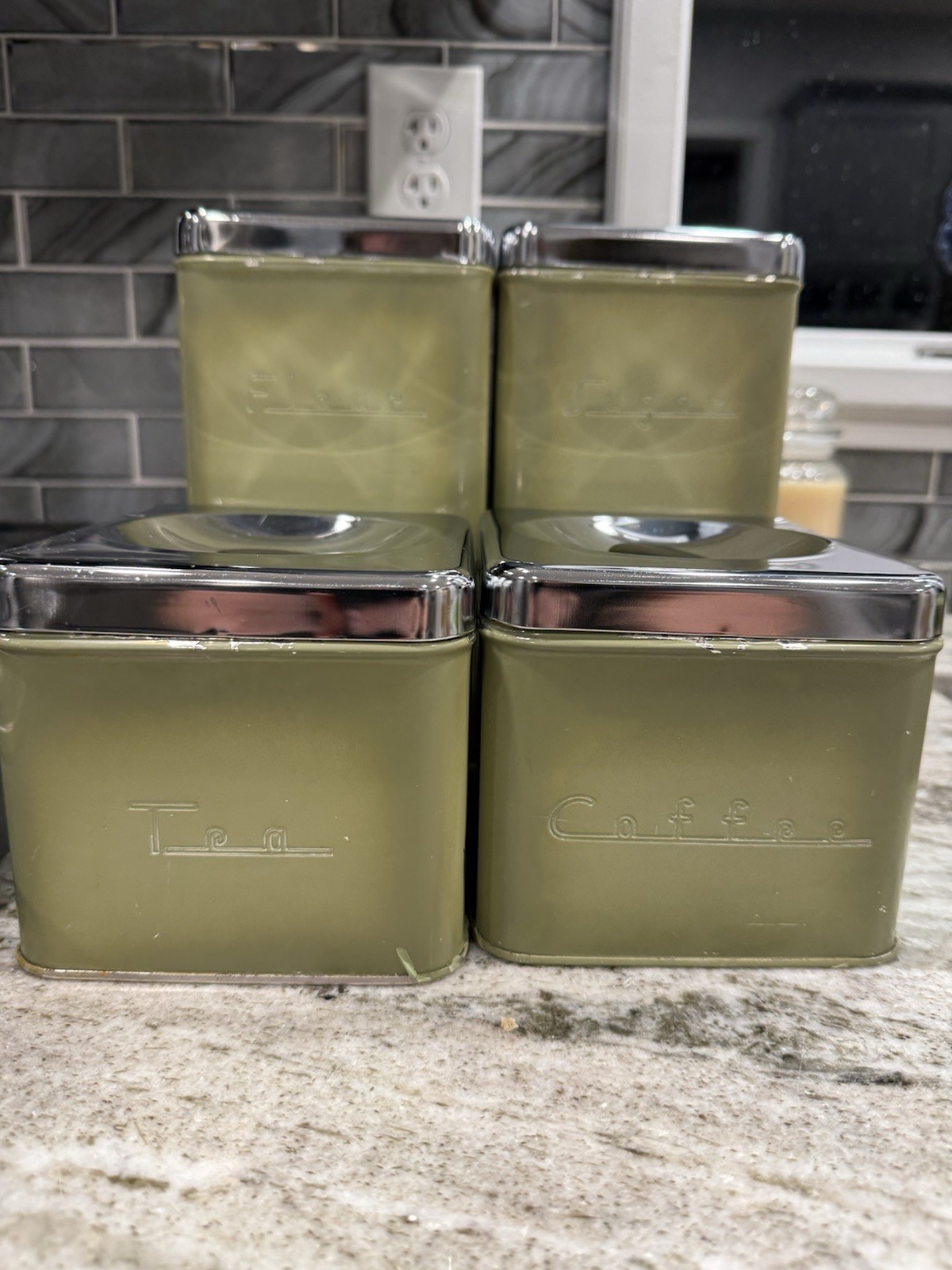 Set of 1950’s Garner Ware Avocado Green Metal Canister Set