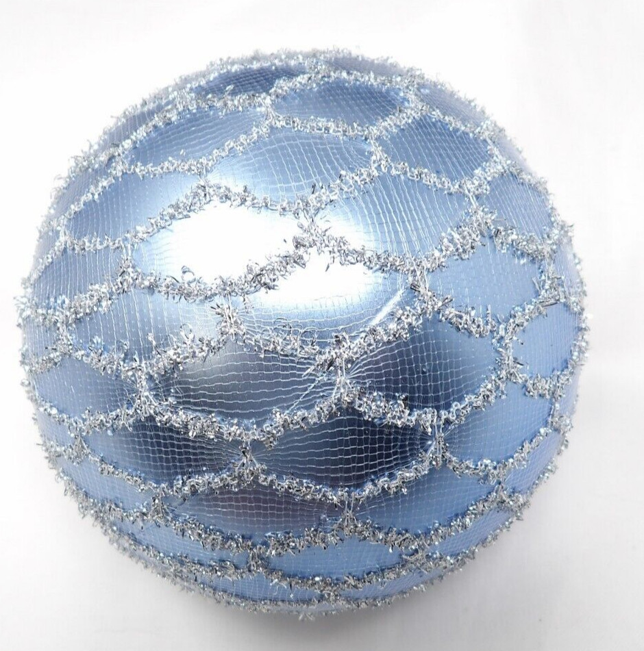 Vintage Blown Crackle Glass w/Glitter Accents Blue Ball Christmas Ornament 4″