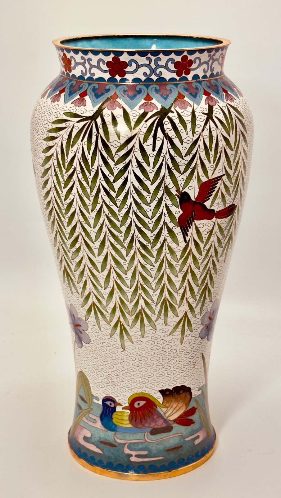 Cloisonne Baluster Vase Peking Duck, Willow Birds, Pond and Flower 15″