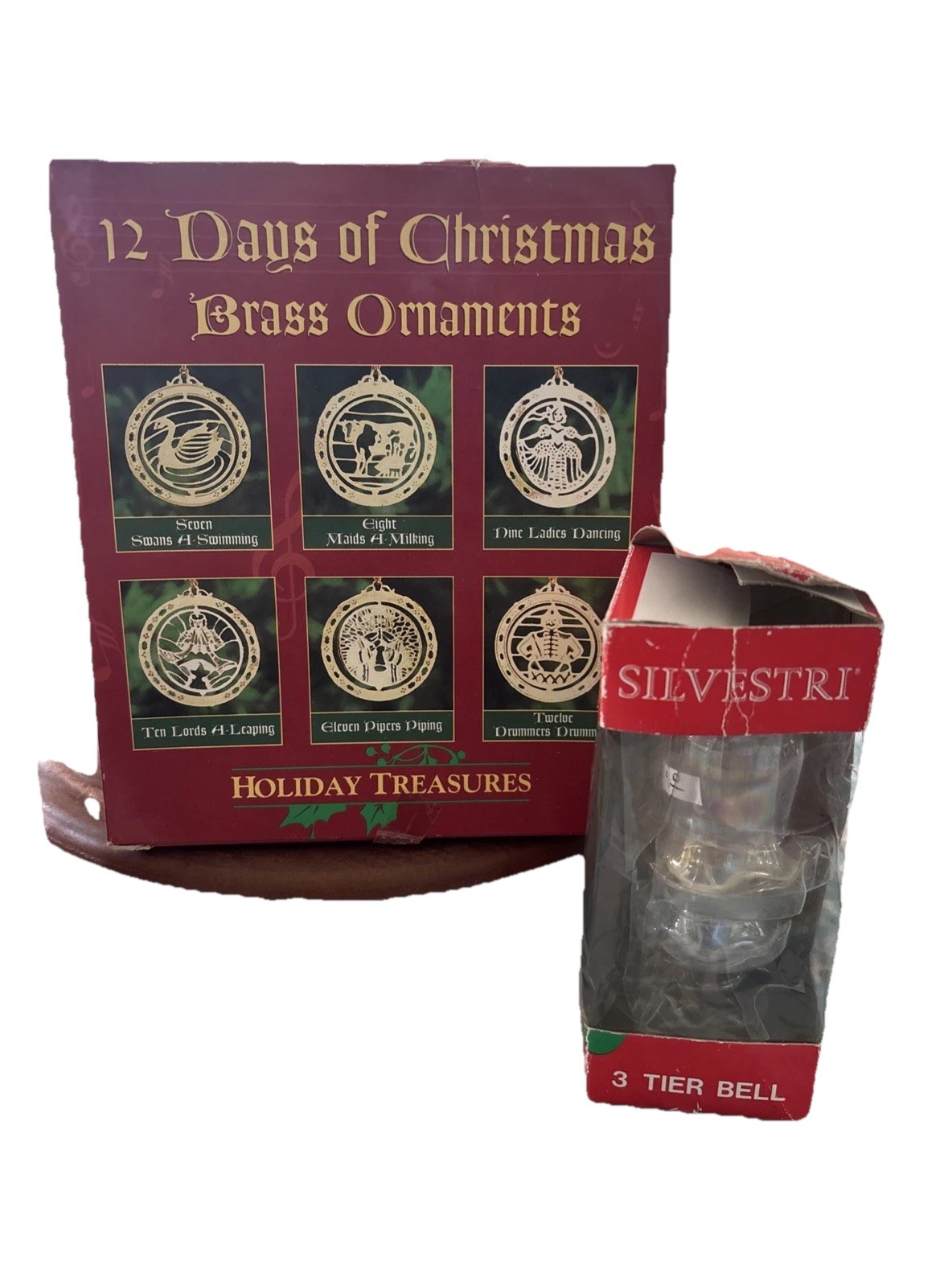 Vtg Brass 12 Days Of Christmas Ornaments, Holiday & Silvestri 3 Tier Bell