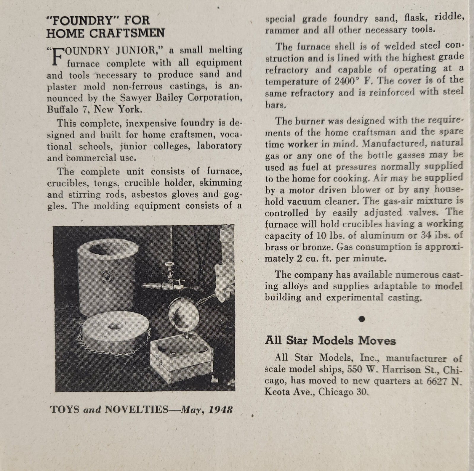 1948 Print Ad Foundry Home Craftsmen Melting Furnace Sawyer Bailey Buffalo,NY