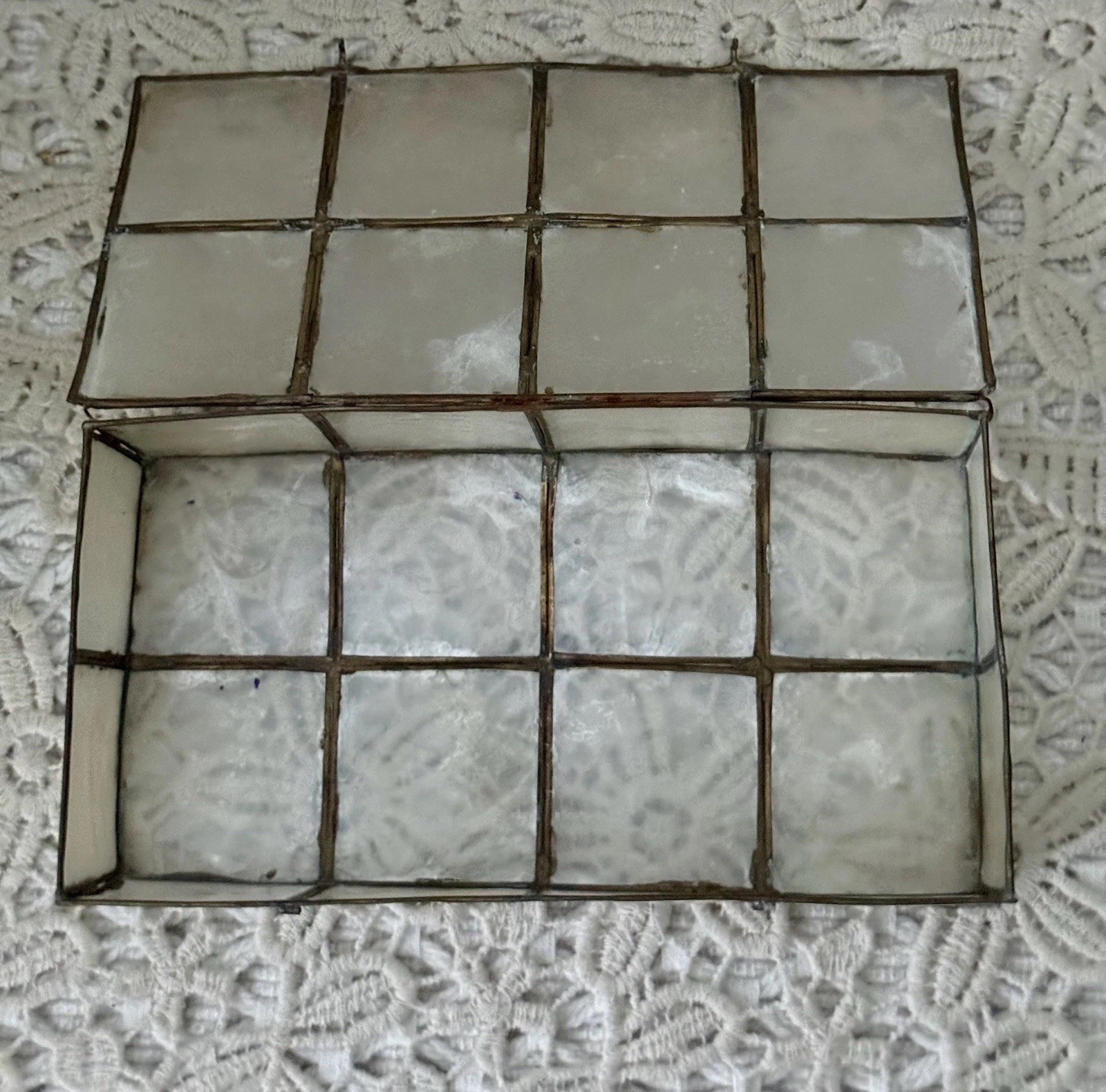 Vintage Capiz Shell Brass Trinket Box Hinged Lid Iridescent Jewelry Storage 8×6