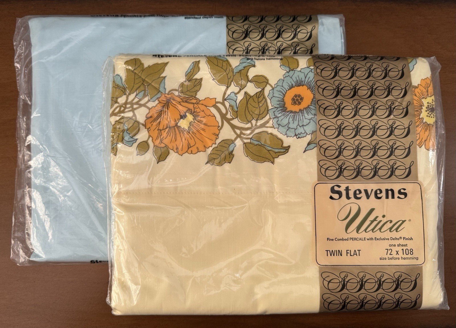 VTG 70s Utica Stevens Sheet Castle Garden Orange Floral & Blue Twin Sheet Set