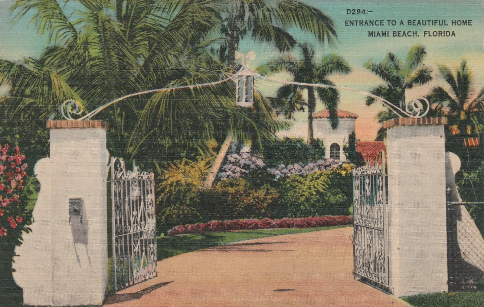 Miami Beach Florida, Entrance Gate to a Beautiful Home, Vintage Linen Postcard