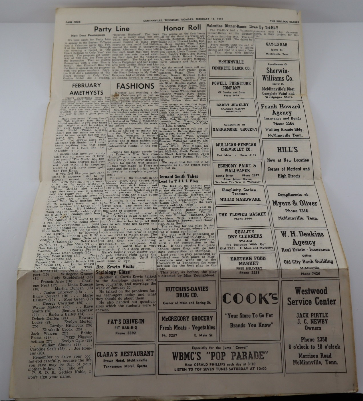 Bulldog Barker Central High School Newspaper Feb 18 1957 McMinnville TN