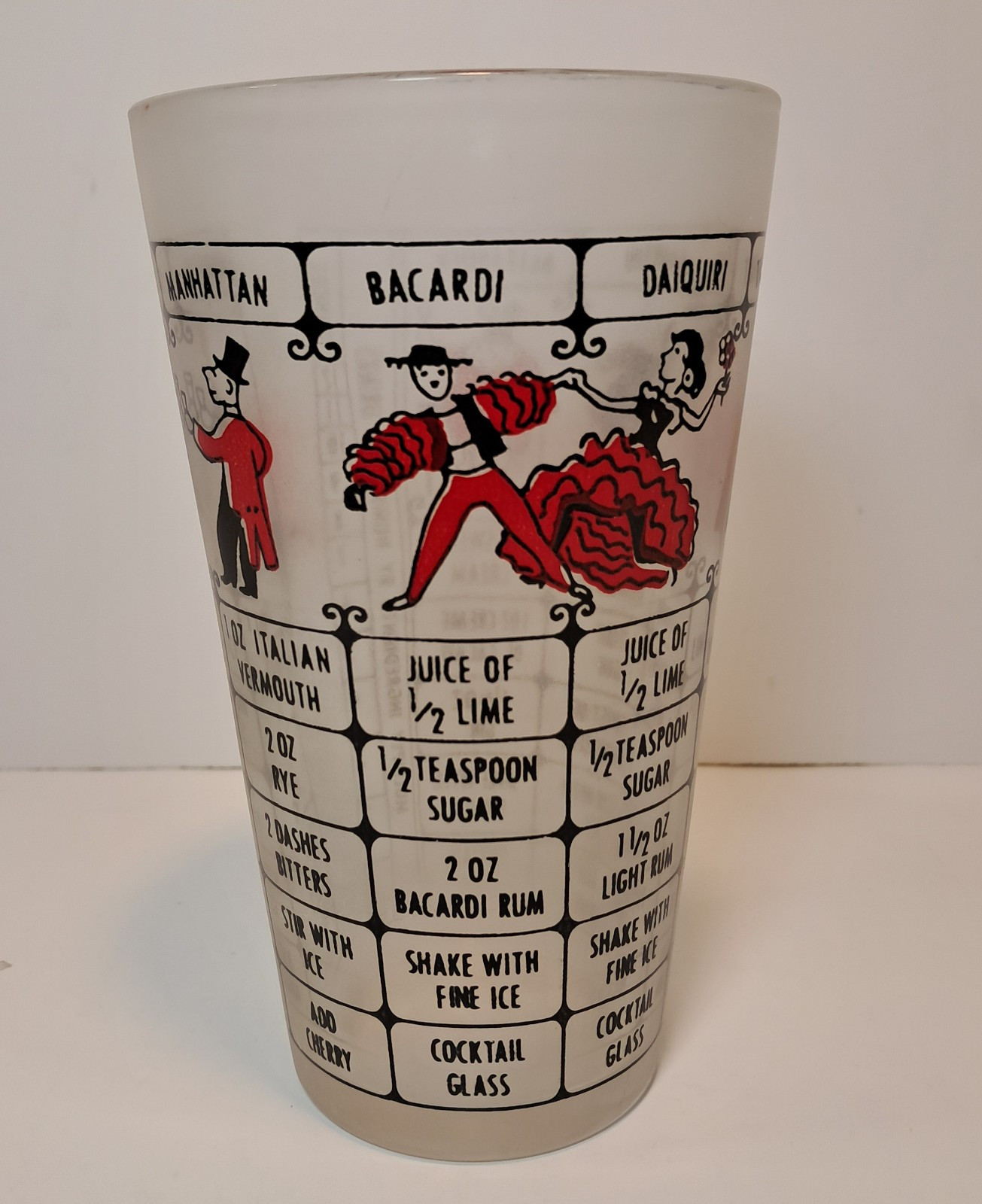Vtg. Federal Glass Co. 7 Cocktail Recipes Frosted Glass Bar Ware Tumbler