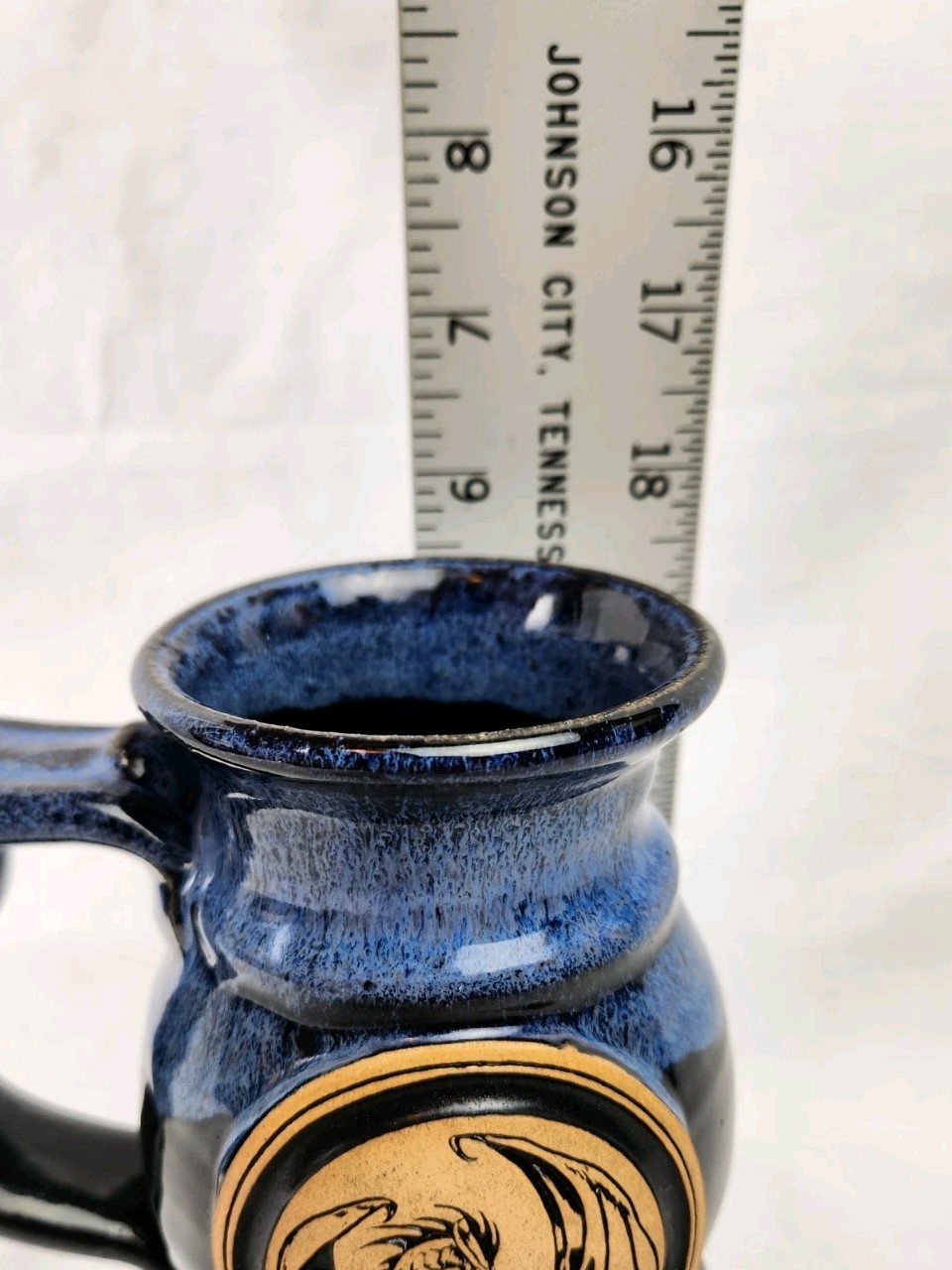 2001 Renaissance Mug Tankard With Dragon Blue Drip Glaze Over Black Base Pottery