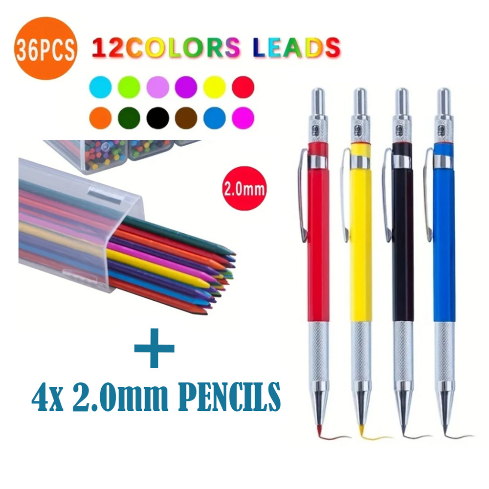 Four 2.0mm Lead Holder Mechanical Pencils & 36 Color Refills, Sharpener in Caps