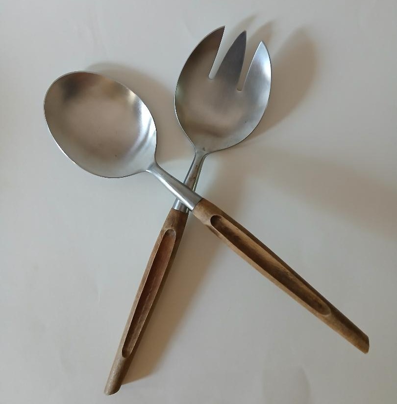 Japanese Teak 12-1/2 inch Stainless Fork &Spoon Salad Servers 2 pc Set FREE SHIP