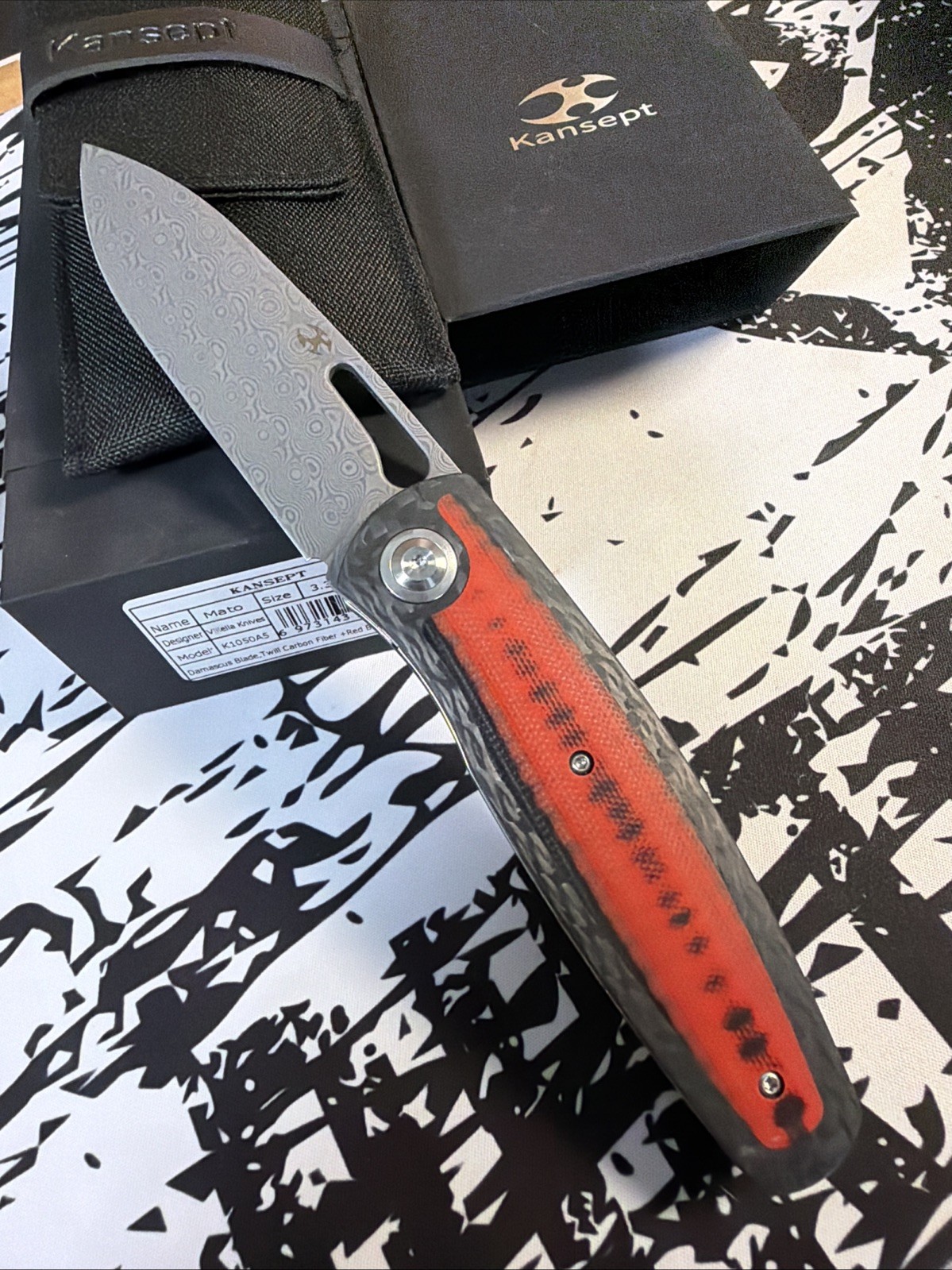 Kansept Knives Mato Folding Knife 3.25″ Damascus Steel Blade Carbon Fiber/G10
