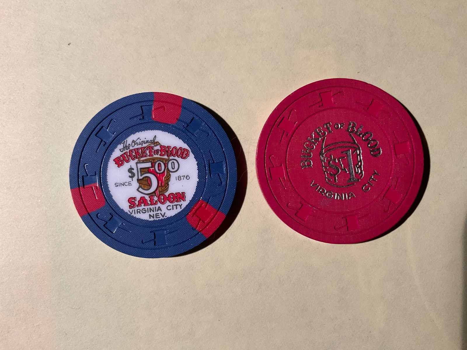 SET OF (2) BUCKET OF BLOOD CHIPS. $5.00 & HOT STAMP $1.00 VIRGINIA CITY NEVADA.