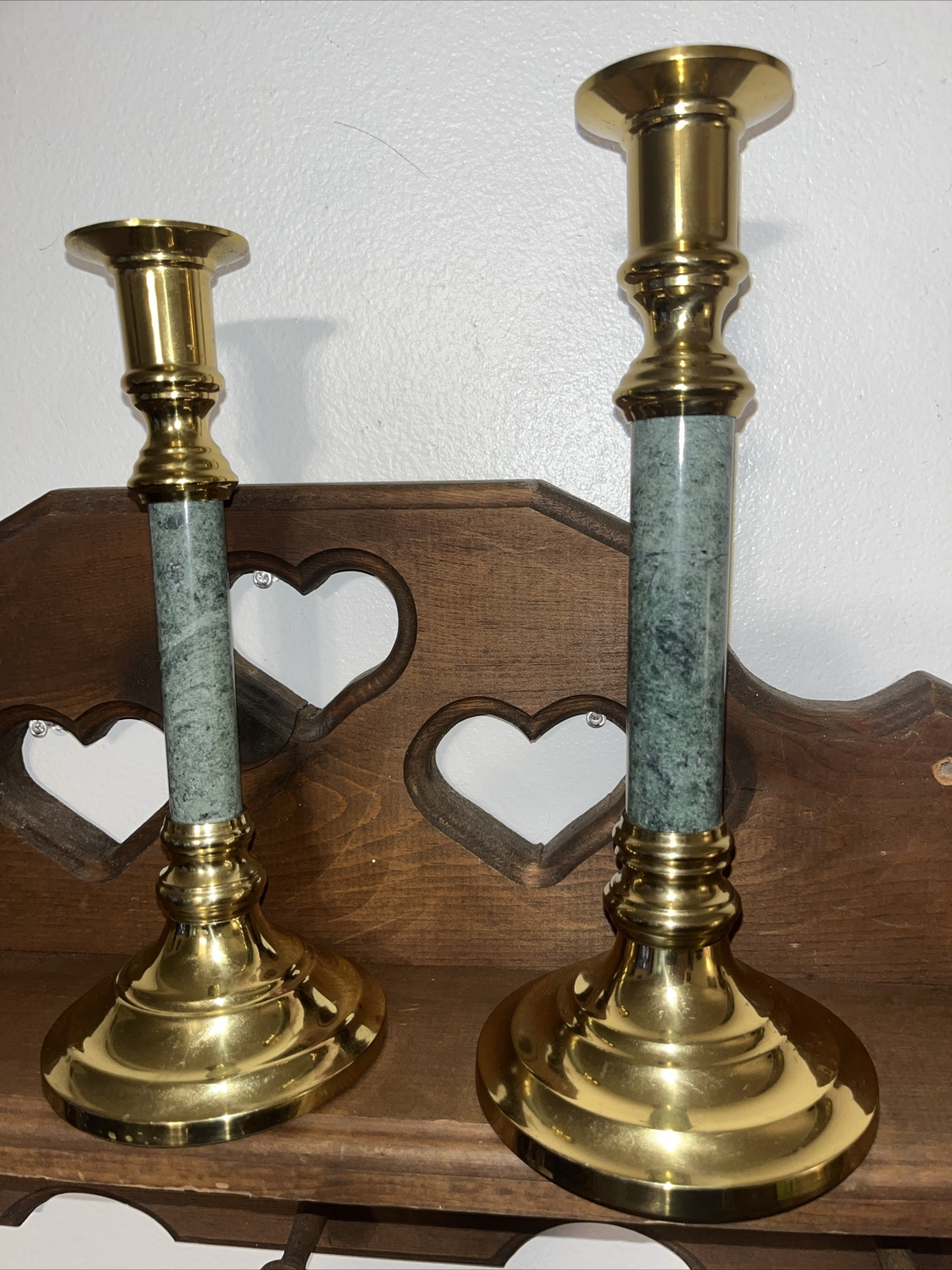 Set of 2 Vintag Beautiful Brass W/ Green Marble Candlestick Holders MCM 9” & 10”