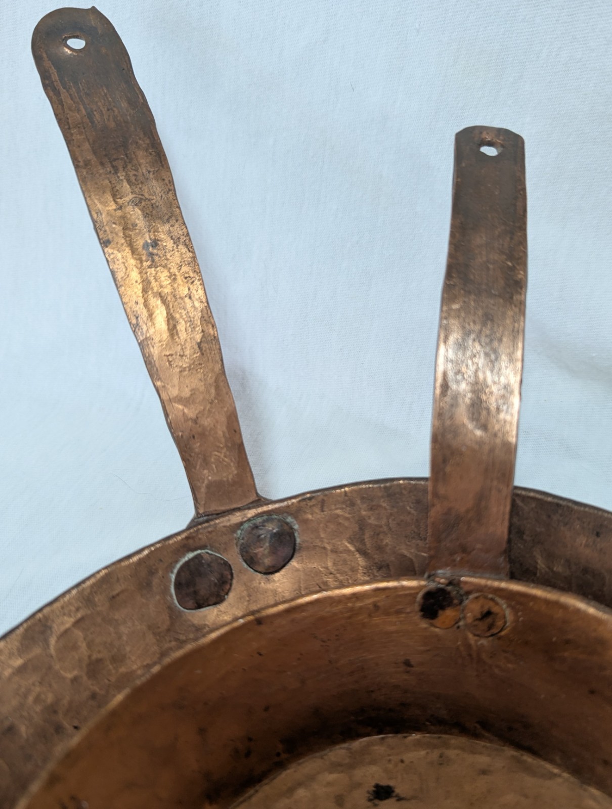 Two Primitive Hand Forged Hammered Solid Copper Fry Pans Riveted Handles
