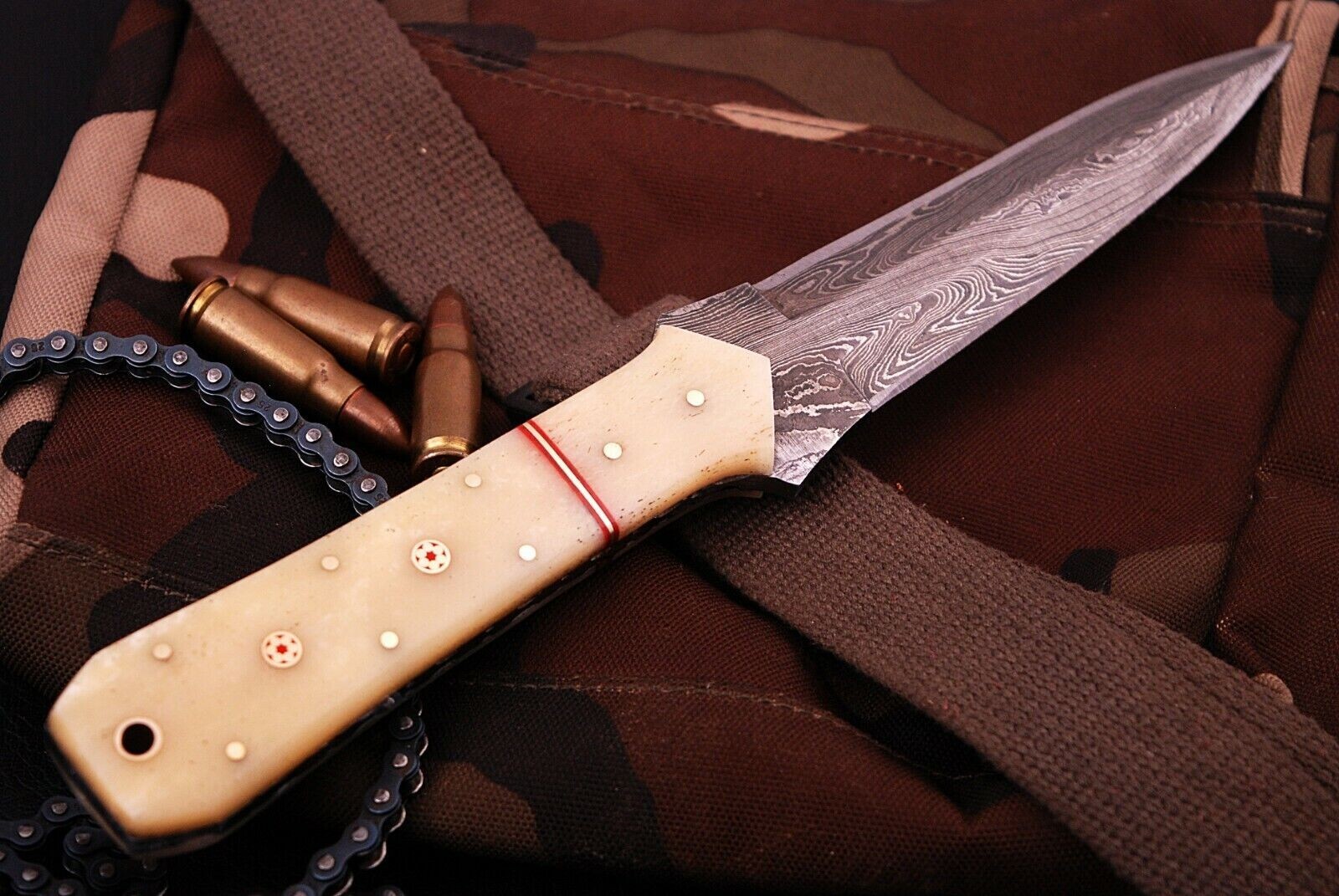 CUSTOM HANDMADE DAMASCUS STEEL DAGGER HUNTING BOWIE BOOT KNIFE CAMEL BONE HANDLE