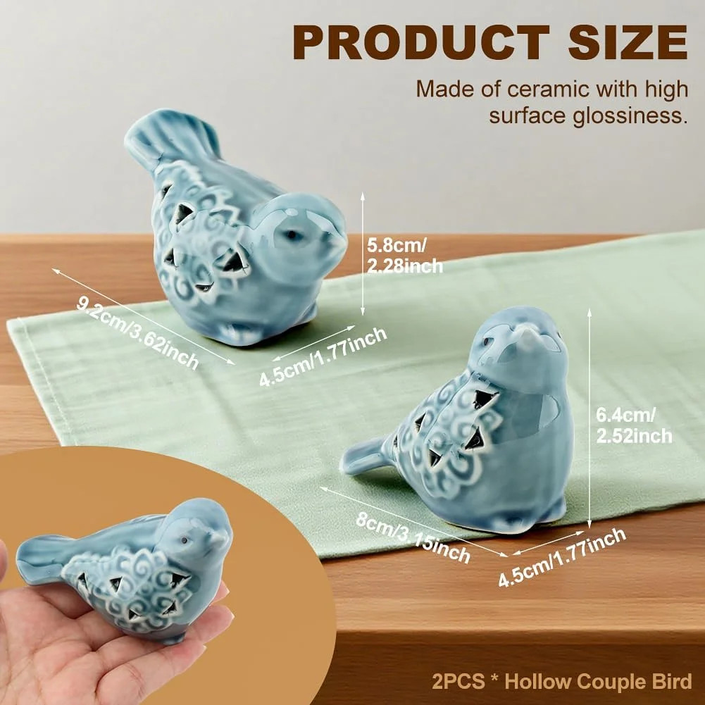 Small Ceramic Bird Figurines Set, 2 Pieces, Blue Glazed, Flower Detail | Include
