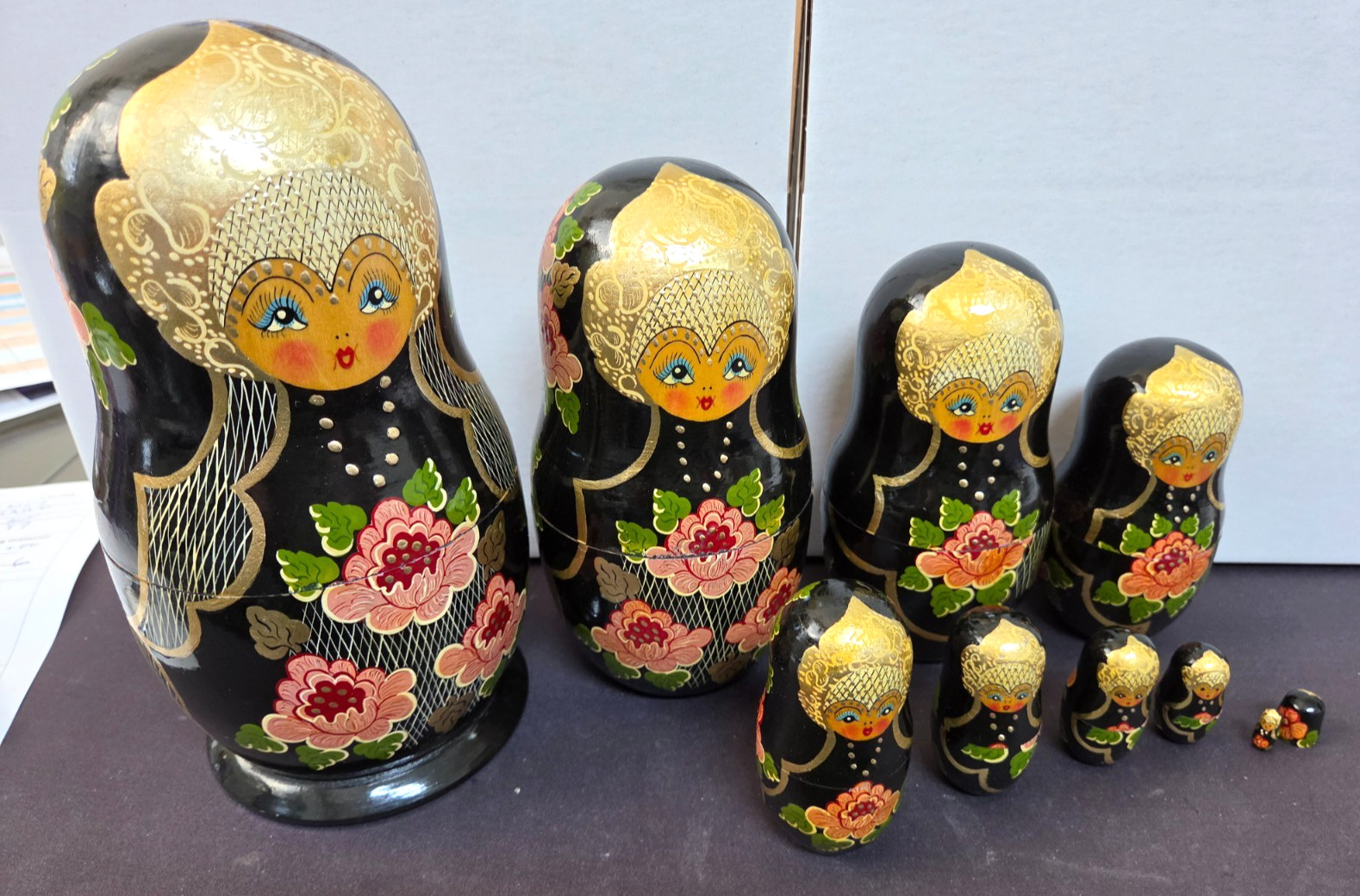 Vintage Russian Nesting Dolls Matryoshka 9 Piece Set Black Floral 9″ Wood